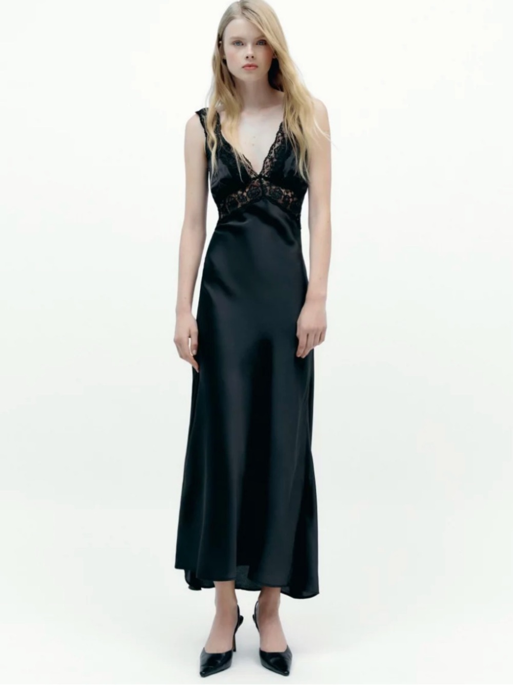 Zara NWT Black Satin Lace Slip Midi Dress XS 2534/248